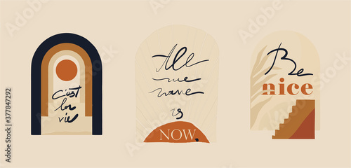 Modern minimalist abstract aesthetic illustrations. Bohemian style prints. Fashion Slogan for T-shirt and apparels tee graphic.
"C`est la vie", "All we have is now", "Be nice" signs.