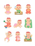 Cute happy baby and her daily set of cute cartoon babies and baby illustrations, baby diapers, crawling babies, eating baby noodles