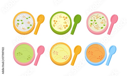 Baby porridge, baby fruit puree, make babies happy to eat lunch and dinner, isolated on white background, cartoon illustration
