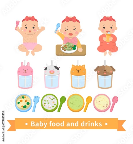 Little baby girl eating noodles  drinking water  noisy  happy  pink jumpsuit  baby food supplies set