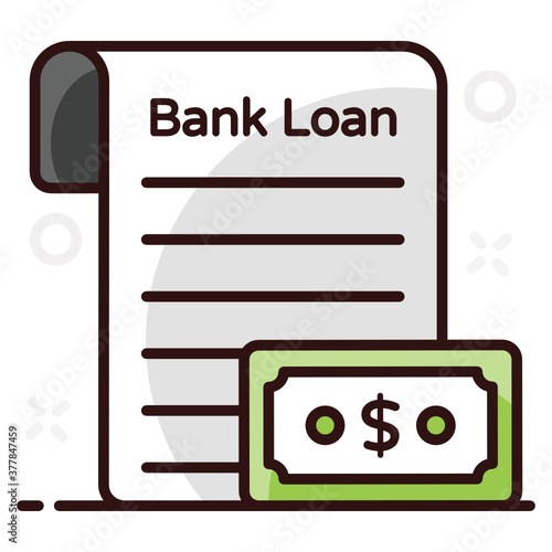 
Bank loan file with banknote, icon design of loan document 
