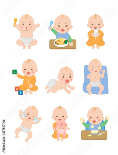 Cute happy baby and his daily set of cute cartoon babies and baby illustrations, baby diapers, crawling babies, eating baby noodles