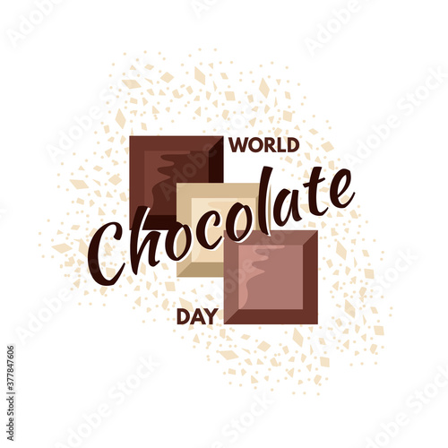 World chocolate day. Three chocolate bars - bitter, white, milk and greeting text. Design for a banner, poster, or postcard.