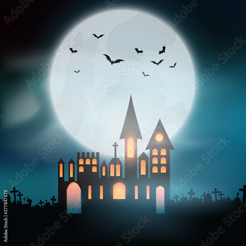 Halloween background with castle in graveyard