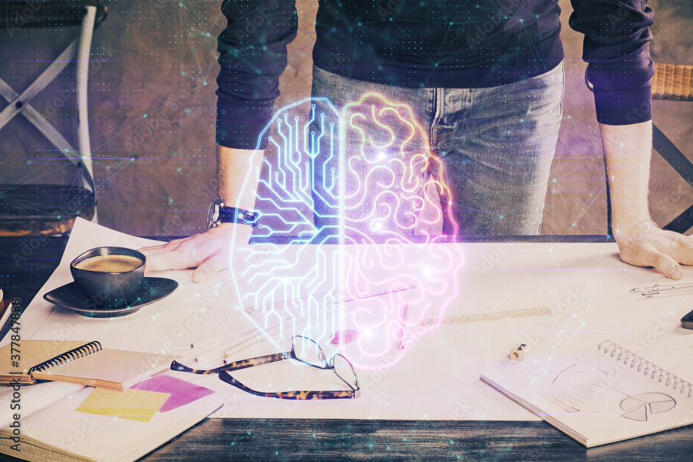 Haman brain double exposure icon with man hands background. Haman brain double exposure icon with man hands background.