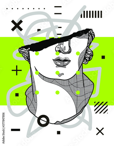 Colossal Head of a Youth sculpture. Vector illustration hand drawn.
