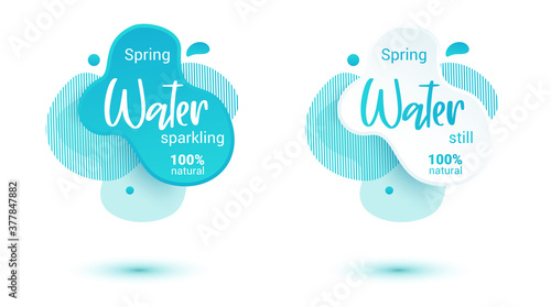 Mineral water tag. Blue label and stikers emblem with drops of water for web and print tag.Still and sparkling water label set. Vector illustration for you design.