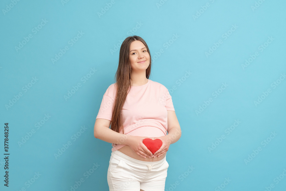 happy young pregnant woman in pink t-shirt on blue background , woman holding heart in her hands happy young pregnant woman in pink t-shirt on blue background , woman holding heart in her hands