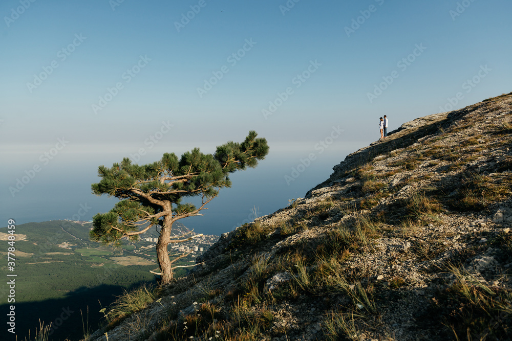 Fototapeta premium Attractive young loving couple of man in white shirt and blue jeans with girl in dress on sunny outdoor background in the green mountain landscape