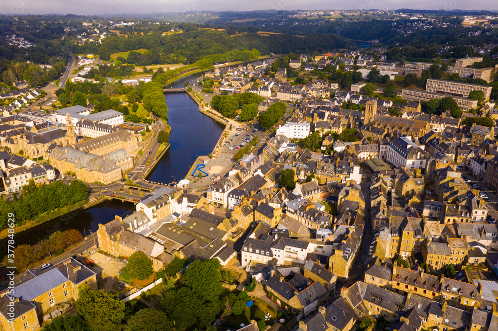 Aerial view of Lannion city with buildings and Lege river, Brittany region, France