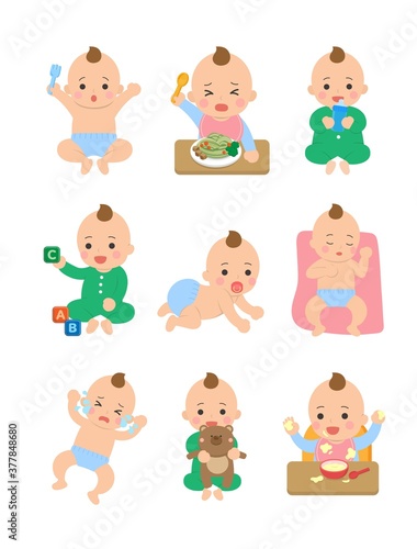 Cute happy baby and his daily set of cute cartoon babies and baby illustrations, baby diapers, crawling babies, eating baby noodles