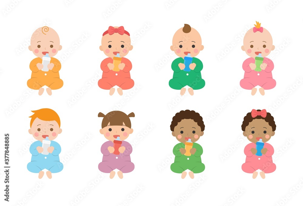 Set of cute happy babies and their daily illustrations, babies drink milk Set of cute happy babies and their daily illustrations, babies drink milk