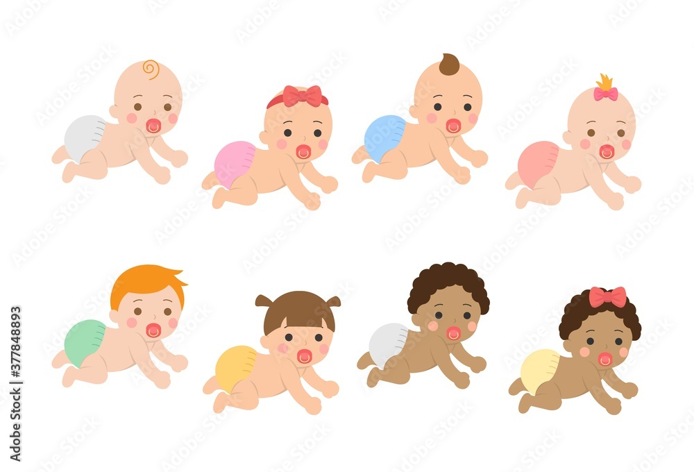 Cute happy babies and their daily illustration set, baby crawling Cute happy babies and their daily illustration set, baby crawling