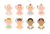 Cute happy babies and their daily set of cute cartoon babies and baby illustrations, babies eat with a fork