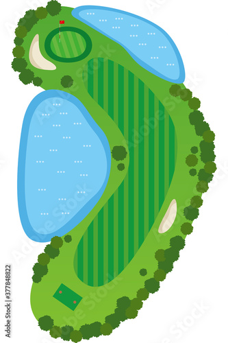 ゴルフ場。ゴルフコースの鳥瞰図のイメージイラスト（1ホール）