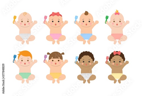 Cute happy babies and their daily set of cute cartoon babies and baby illustrations, babies eat with a fork