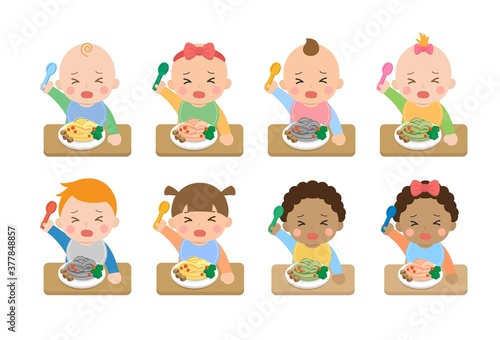 Cute crying babies and their daily illustration set  baby eating baby noodles with fork