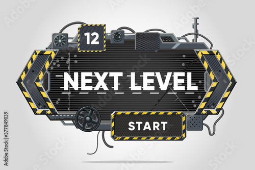 Industry interface concept. Message window with text. Digital screen set with metal frame. Video games vector illustration. Cyber punk style banner.