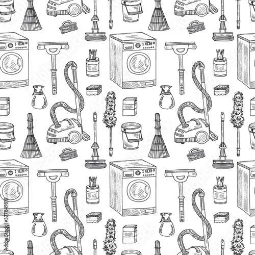 Seamless pattern with cute hand drawn house cleaning tools. Vector cleaning collection