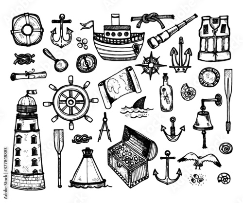 Set of cute hand drawn elements of marine theme including ship, anchors and others. Hand drawn marine collection