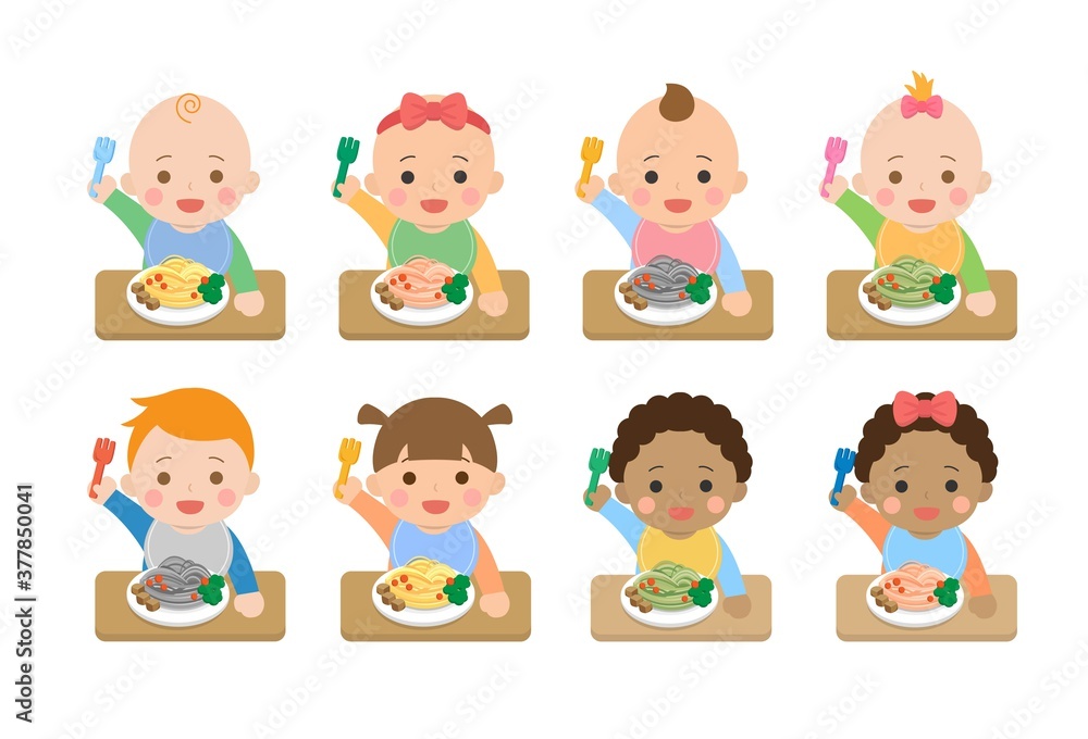 Set of cute babies and their daily illustrations, baby food, baby noodles Set of cute babies and their daily illustrations, baby food, baby noodles