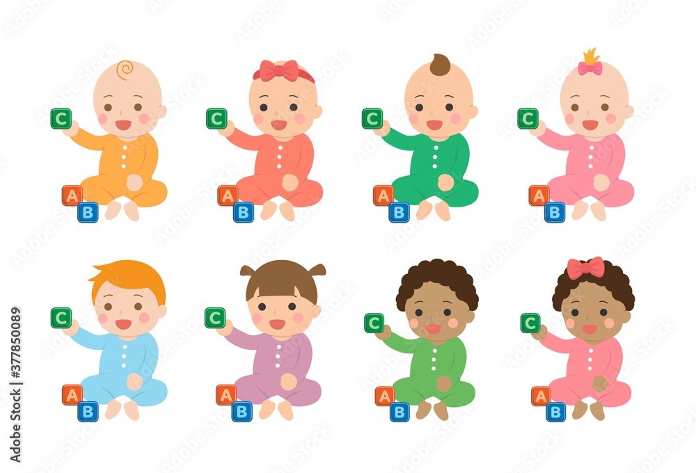 Set of cute babies and their daily illustrations, babies are playing with toys and building blocks