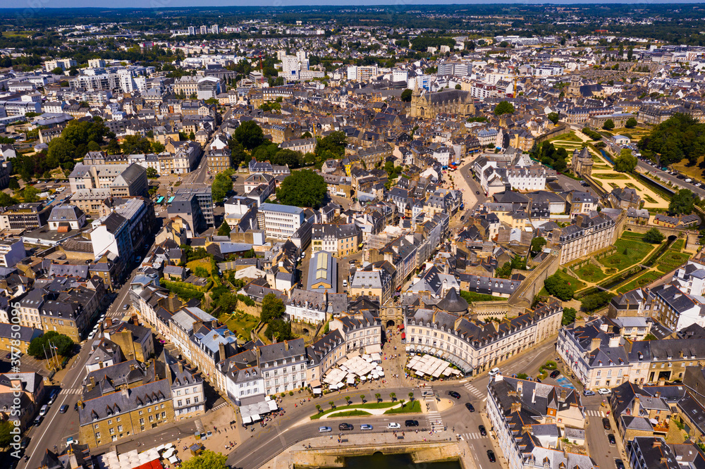 Scenic aerial view of walled Breton town of Vannes overlooking ramparts gardens on sunny summer day, Morbihan, France..