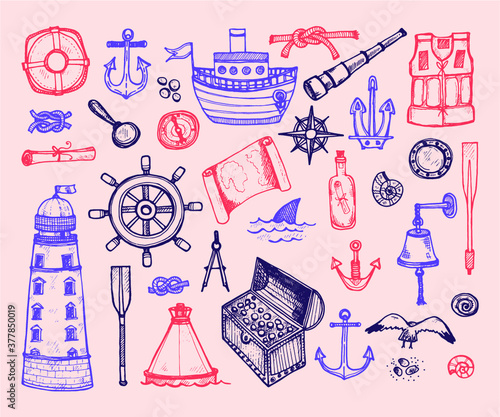 Set of cute hand drawn elements of marine theme including ship, anchors and others. Hand drawn marine collection photo