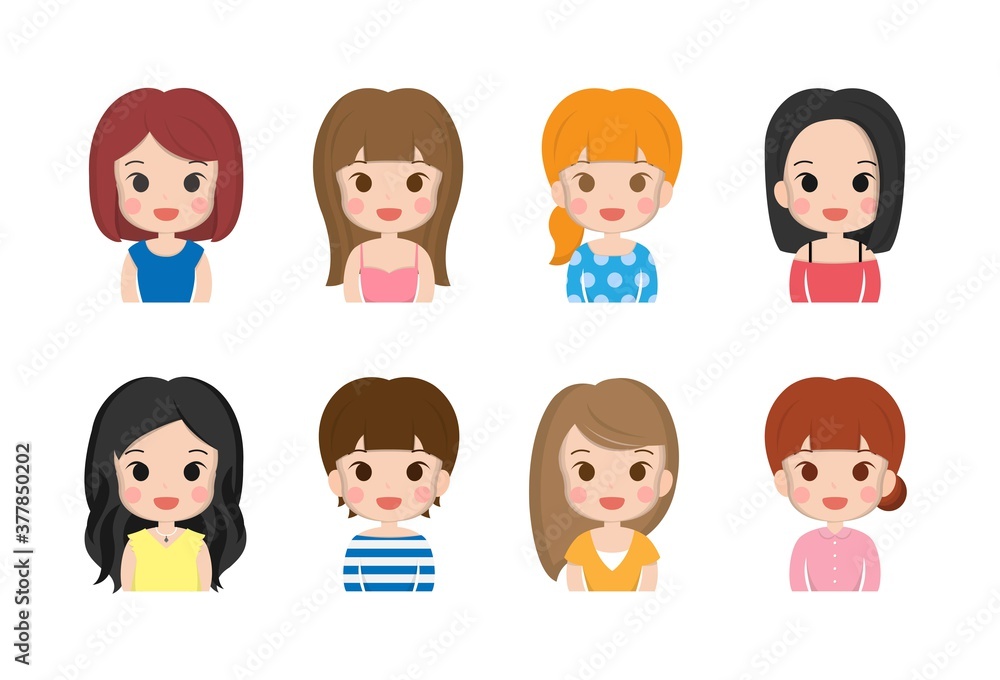 Variety of woman, girl, cute, smile, facial expression, hair color, cute illustration, set
