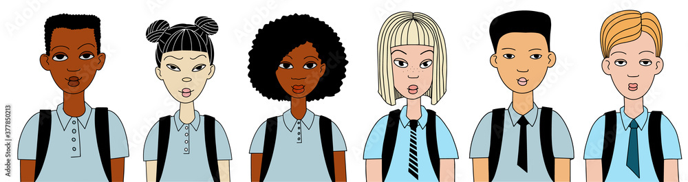 Set of children characters. Group of teenagers of different nationalities in school uniforms. isolated on white background. Vector illustratin doodle style Set of children characters. Group of teenagers of different nationalities in school uniforms. isolated on white background. Vector illustratin doodle style