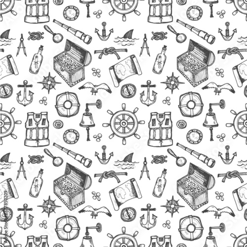 Seamless pattern with cute hand drawn elements of marine theme including ships, anchors, fish, shells and others. Hand drawn marine collection