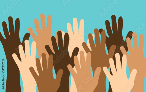 Multiracial Colorful Peoples Hands Raised in Support or Cheering. EPS 10