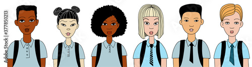 Set of children characters. Group of teenagers of different nationalities in school uniforms. isolated on white background. Vector illustratin doodle style