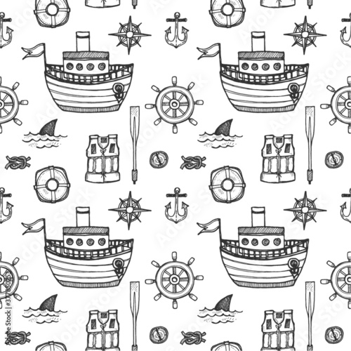 Seamless pattern with cute hand drawn elements of marine theme including ships, anchors, fish, shells and others. Hand drawn marine collection