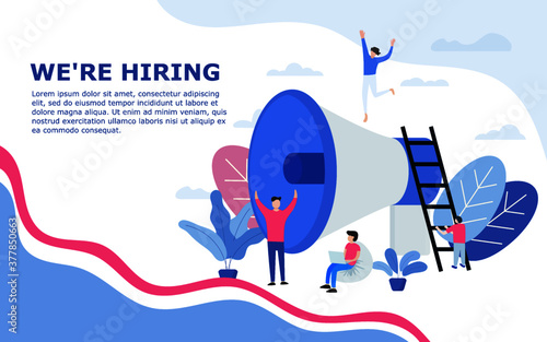Vector illustration of people shouting in loud speaker and recruiting new employees, workers. We are hiring or job recruitment banner, poster, flyer or landing page concept for ui, web or mobile app.