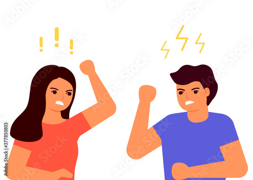 Family conflict, dispute, quarrel, crisis. Domestic couple violence, bullying, abuse. Aggressive behavior of adults, social problems. Man and woman are scream. Vector flat illustration