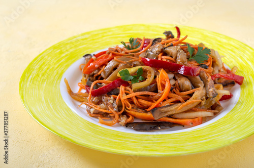 Korean eggplants. Spicy vegetable salad with eggplant, bell peppers, carrots, onions on a plate on a bright background.