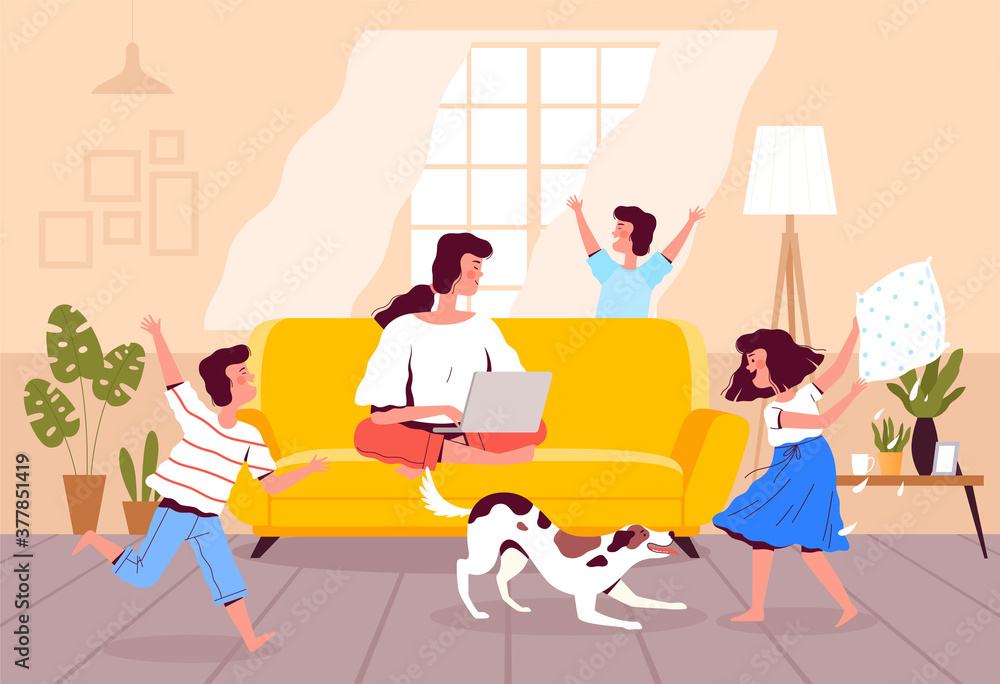 Mom works at home on a laptop while the children play with the dog and make noise. Difficulties of teleworking. Calm mom with annoying children Mom works at home on a laptop while the children play with the dog and make noise. Difficulties of teleworking. Calm mom with annoying children