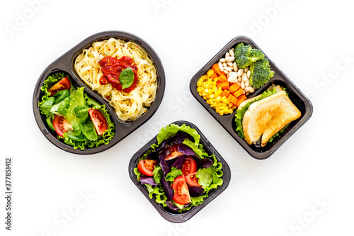 Restaurant food delivery, lunch boxes for daily nutrition, top view