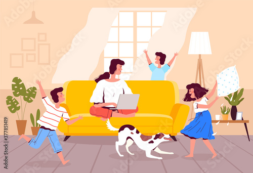 Mom works at home on a laptop while the children play with the dog and make noise. Difficulties of teleworking. Calm mom with annoying children