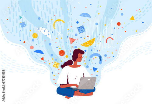 A young dark skinned woman is sitting on the floor and working on a laptop. Freelance and remote work concept with abstract shapes and details