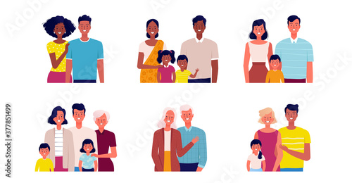 Different families set. People of different ages and nationalities. Families young and old, with and without children. Love and happiness concept