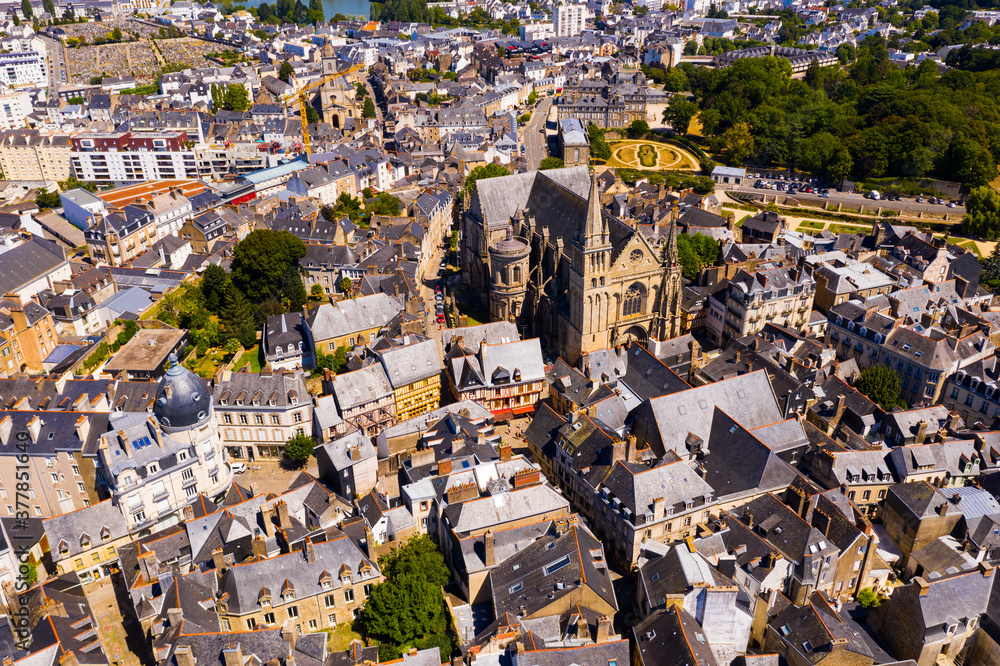 Scenic aerial view of summer cityscape of Vannes overlooking Gothic Catholic Cathedral of St Peter, Morbihan, France
