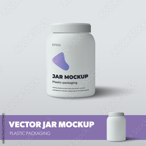 Jar vector template with screw cap, with design presentation, realistic shadows, for advertising in pharmacy, beauty industry.