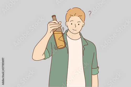 Drink, alcohol, celebration, congratulation concept. Young happy smiling man guy boy alcoholic holding bottle of beer and raising toast. Cheers on party and relaxation beverage addiction illustration