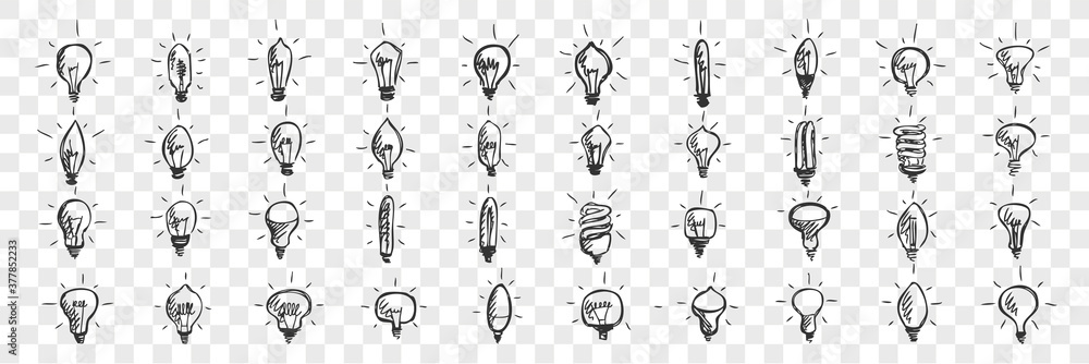 Light bulbs doodle set. Collection of hand drawn pencil sketches template patterns of lamps enlightment devices on transparent background. Illustration of idea and creative thinking symbols. - obrazy, fototapety, plakaty 
