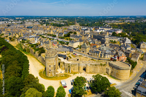 Scenic aerial view of walled Breton town of Dinan on sunny summer day, France