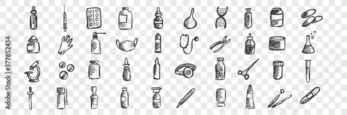 Medicine doodle set. Collection of hand drawn sketches templates patterns of treatment pills syringe pharmacological cure on transparent background. Healthcare and medical support illustration.