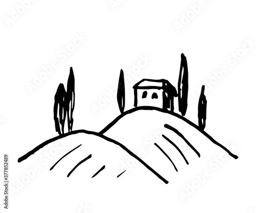 Simple hand-drawn vector drawing in black outline. Traditional landscape, hill house, cypresses, farm fields. For prints, logo, label, postcard.