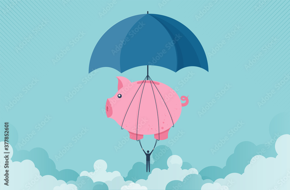Piggy bank with umbrella concept lifting a businessman up to success for management and investment. cartoon design.